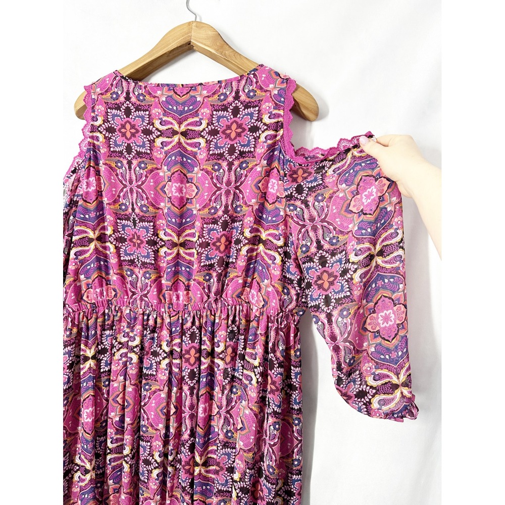 Lane Bryant Cold Shoulder Lace Trim Pink Paisley Maxi Dress Women's Size 18 - Picture 8 of 13